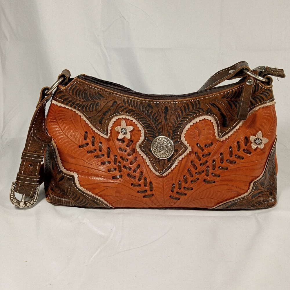 American West Tooled Genuine Leather Desert Flower Cowgirl Handbag Rodeo Purse